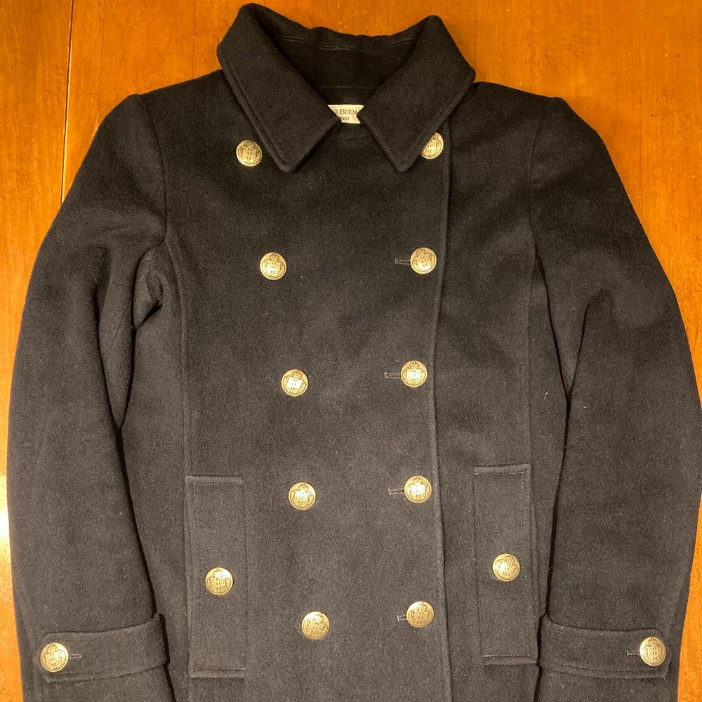 Helene Berman London Trilogy wool cashmere brass button navy short coat